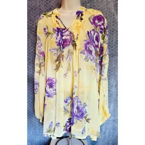 Susan Graver Semi Sheer Golden Yellow Blouse with Floral Print Colorful Casual